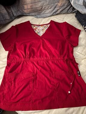 koi Red Mock Wrap Scrub Top